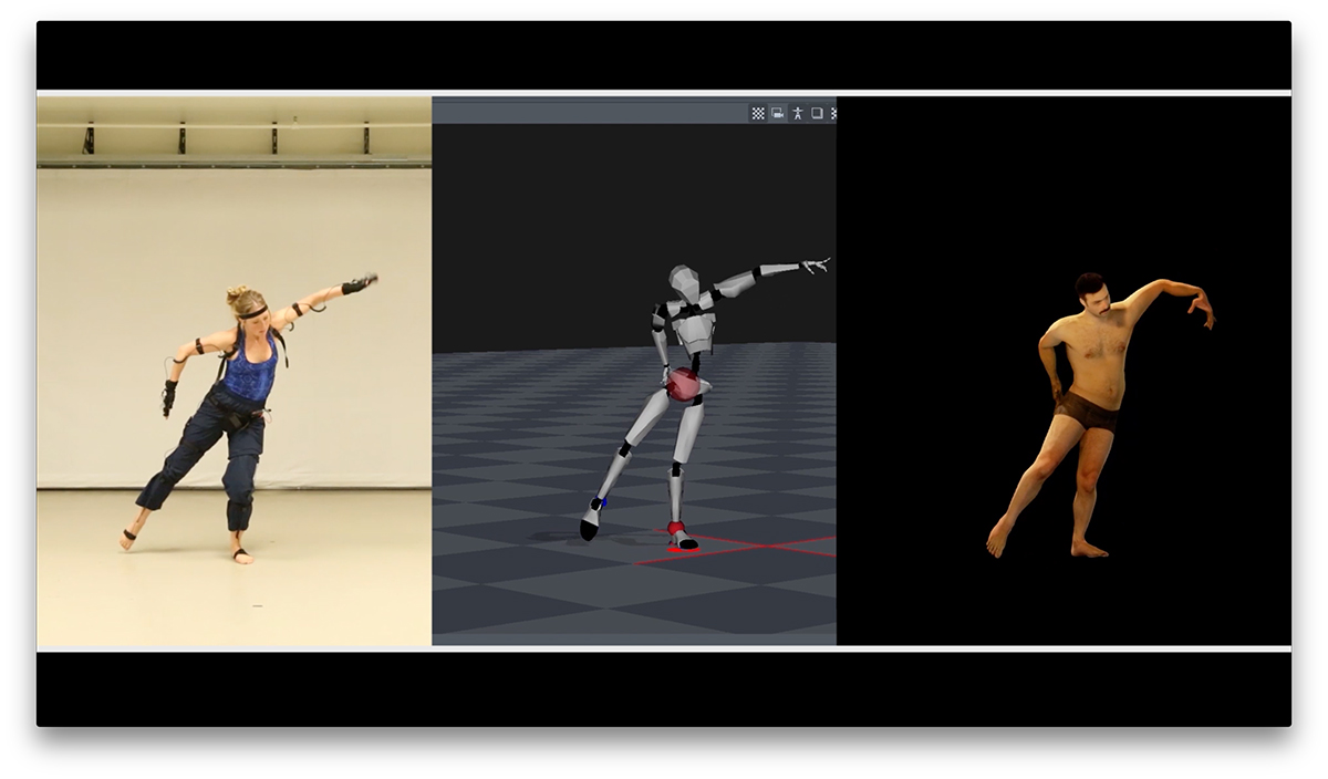 3 images: 1 of a dancer, 2 of a computer generated robot mimicking the same stance, and 3 a computer generated person in the same stance